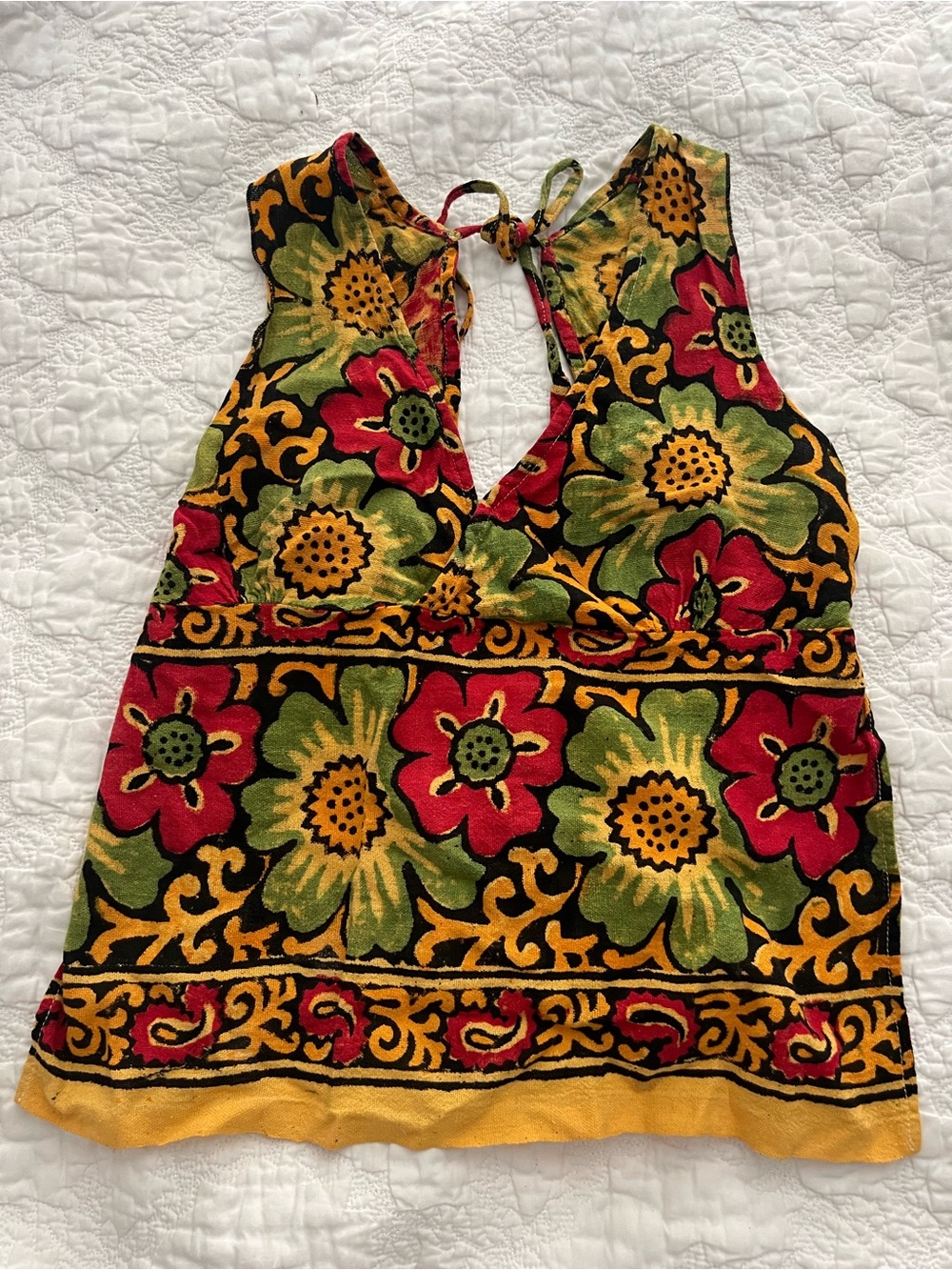 Floral V-Neck Sleeveless Tank Top - Red, Green & Yellow